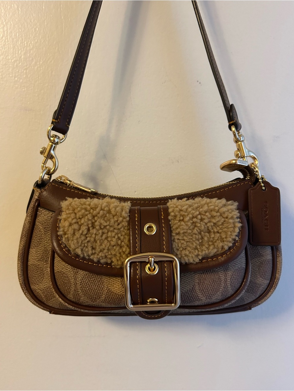 Coach Brown Shearling-Accent Mini Shoulder Bag with Gold Hardware